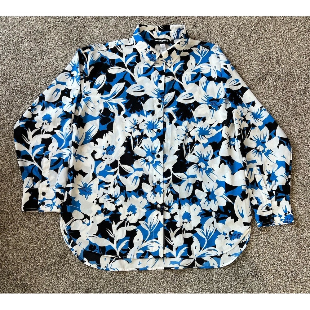 Karl Lagerfeld Paris Blue Floral Button Down Blouse Pearl Print Women Large